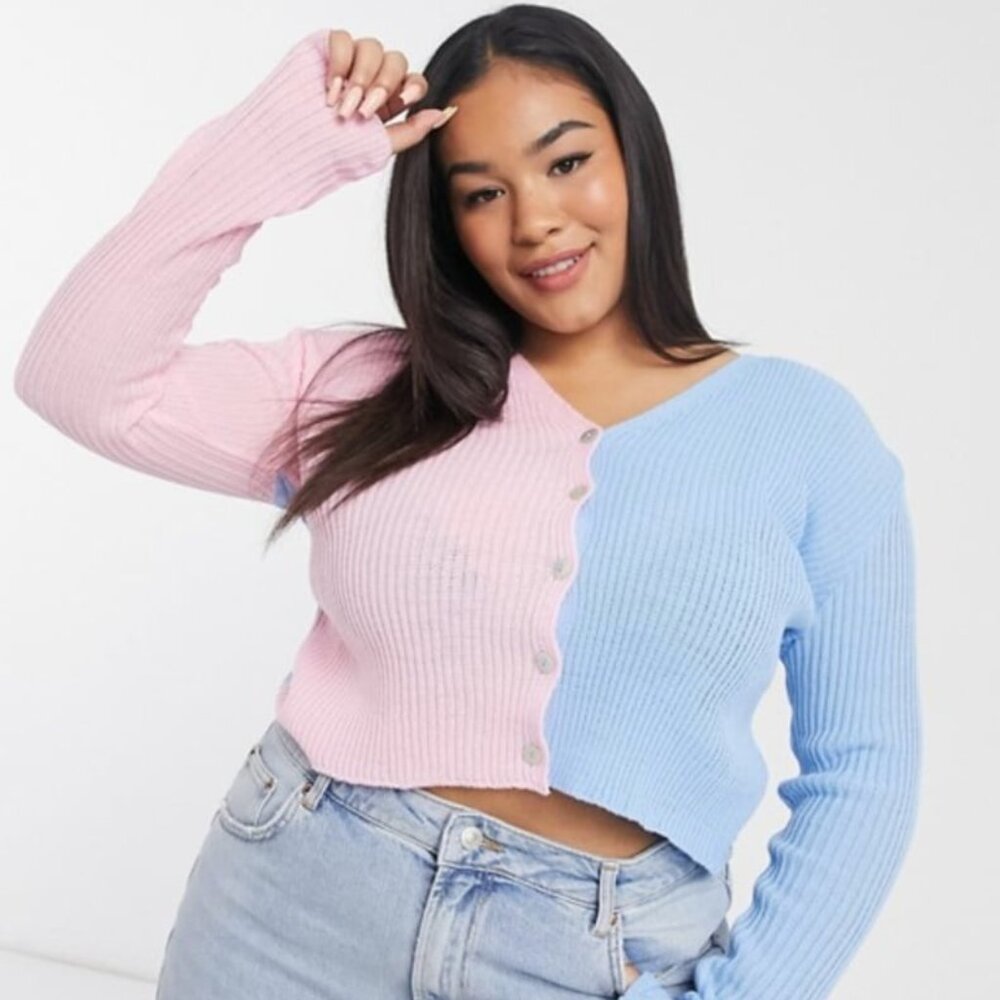 Daisy Street Plus Contrast 90's Fitted Cardigan – Pink & Blue, US 14